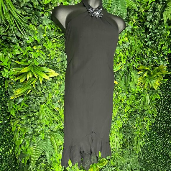 VTG Women Dress‎ 3XL Black Tie Neckline Ruffle Hem Sequins Accent Celavie 1002 - Picture 7 of 11